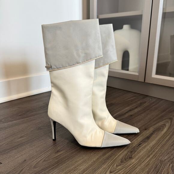 Chanel Satin Sock Calf Boots White Grey Trim Point Toe Pull On Metallic Trim 37 - Picture 1 of 8